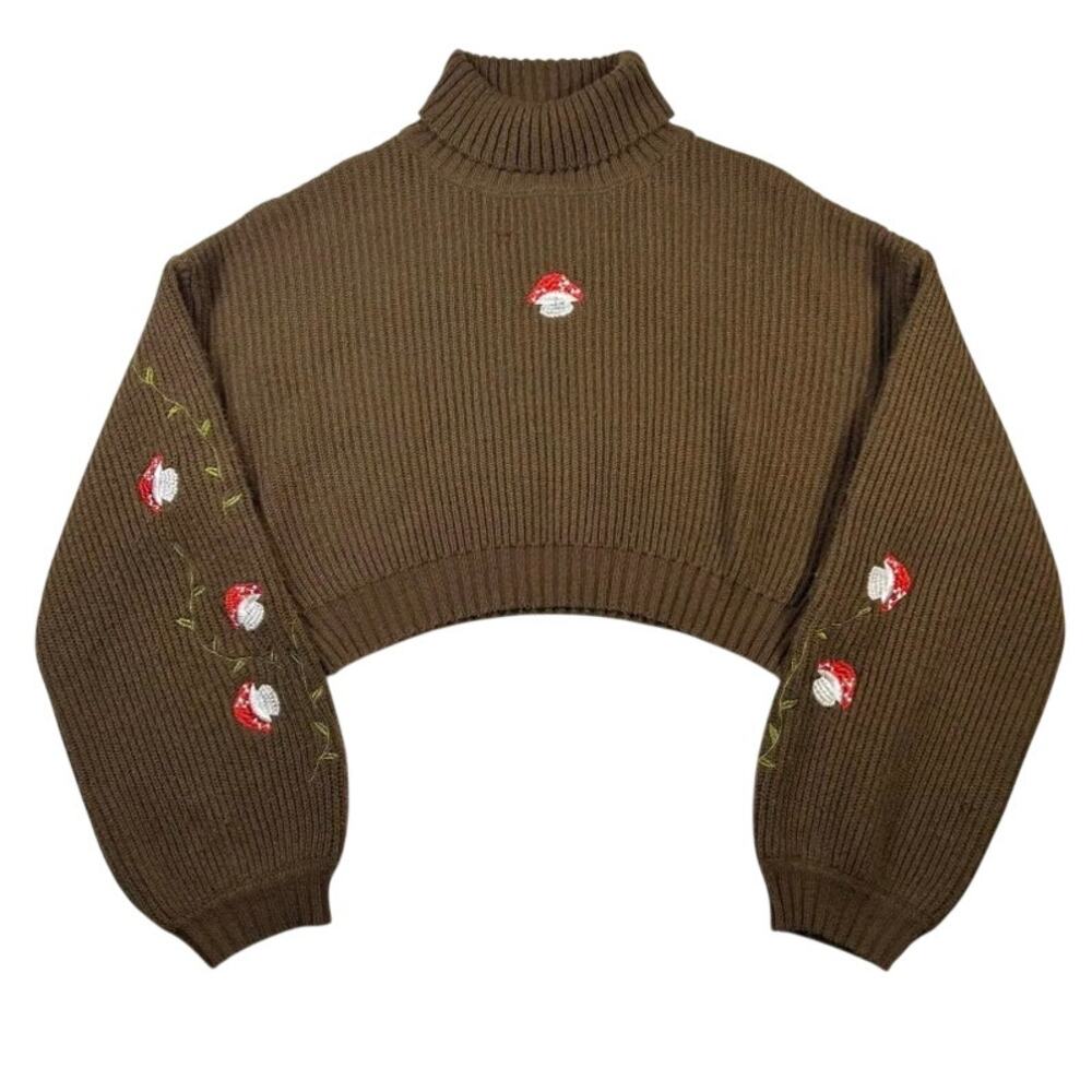 Romwe Womens Cropped Sweater L Chocolate Ribbed Mushroom Embroidered Turtleneck